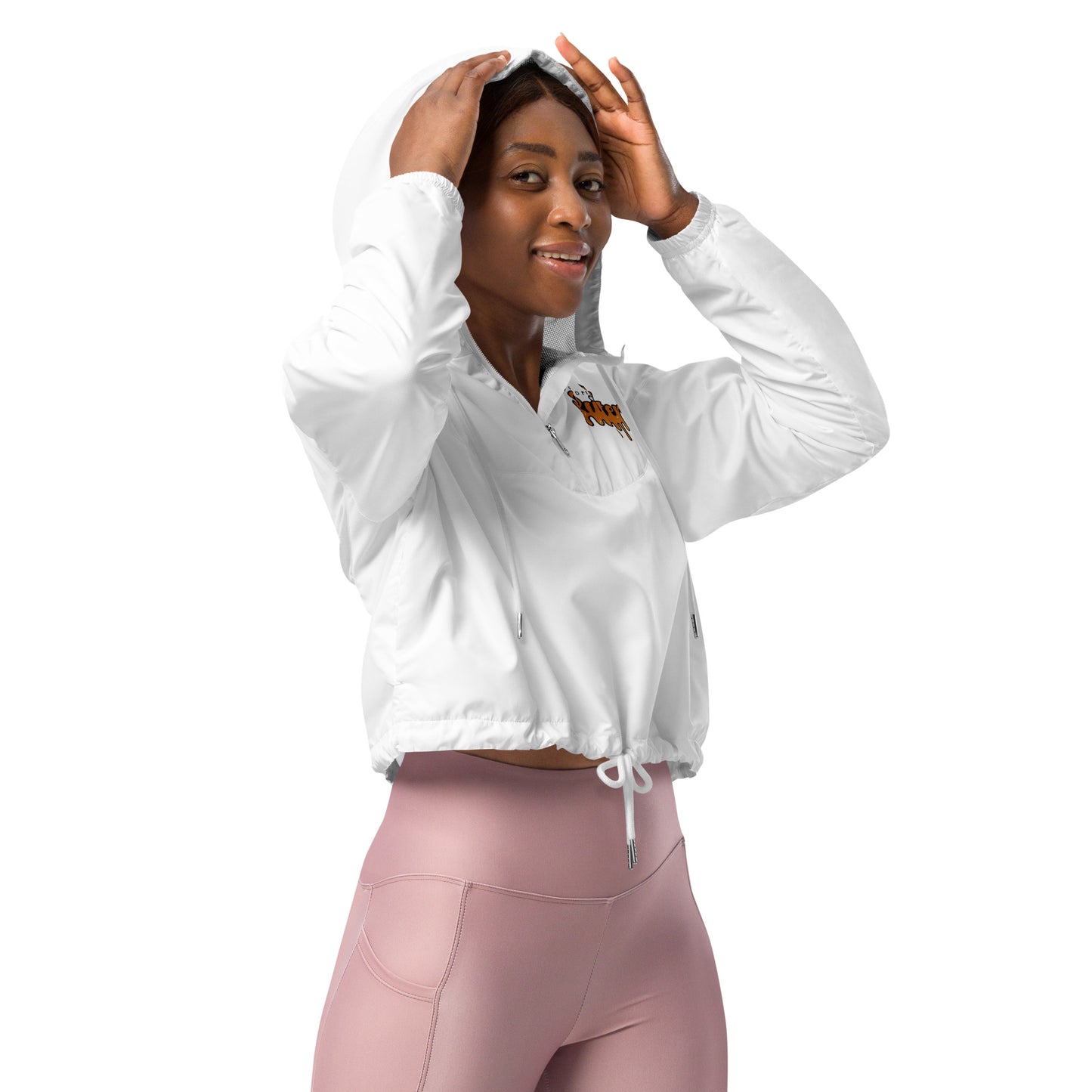 BirdieButter Women’s Cropped Windbreaker – close-up front view in white, highlighting the lightweight and water-resistant design.