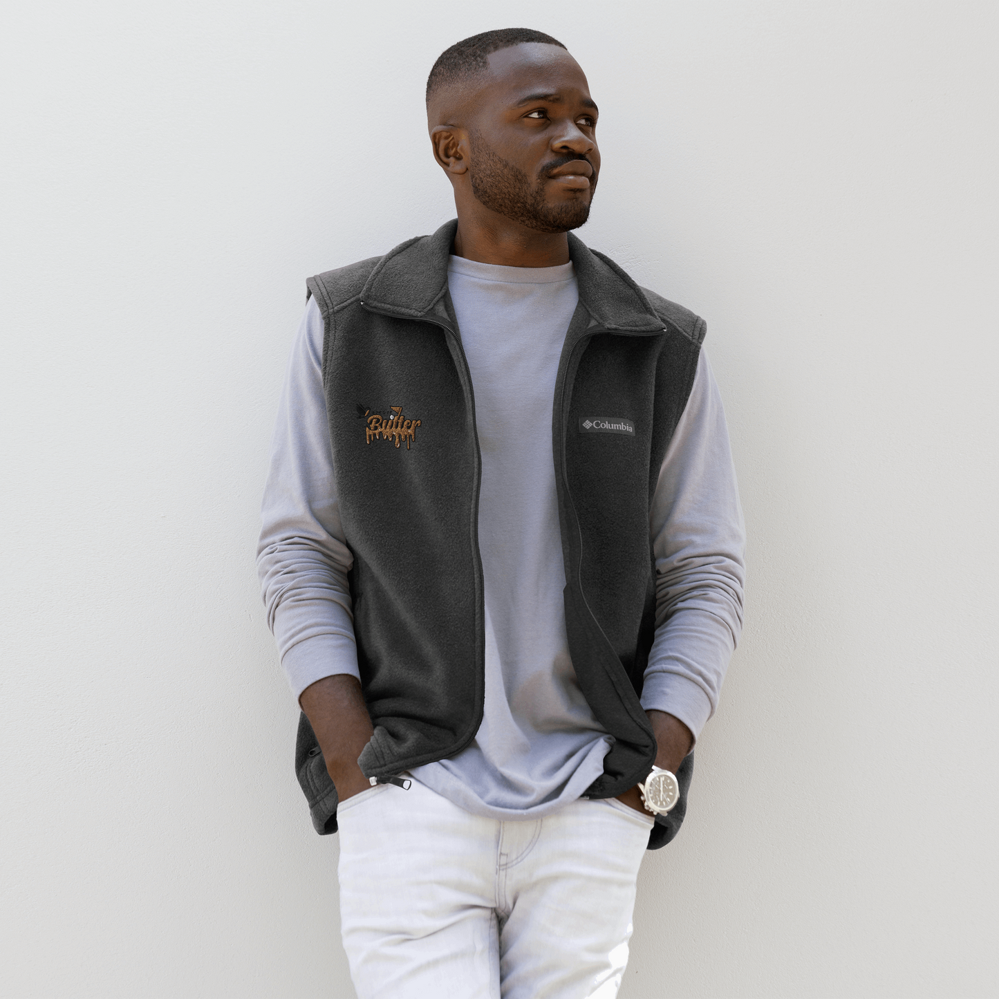 BirdieButter Men’s Columbia Fleece Vest – front view in charcoal, showcasing comfortable and durable design.