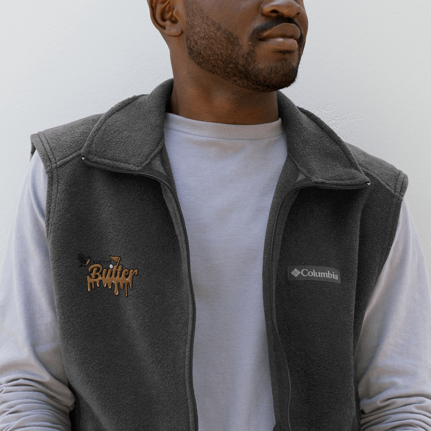 BirdieButter Men’s Columbia Fleece Vest – close-up front view in charcoal, emphasizing the quality and texture of the fabric.