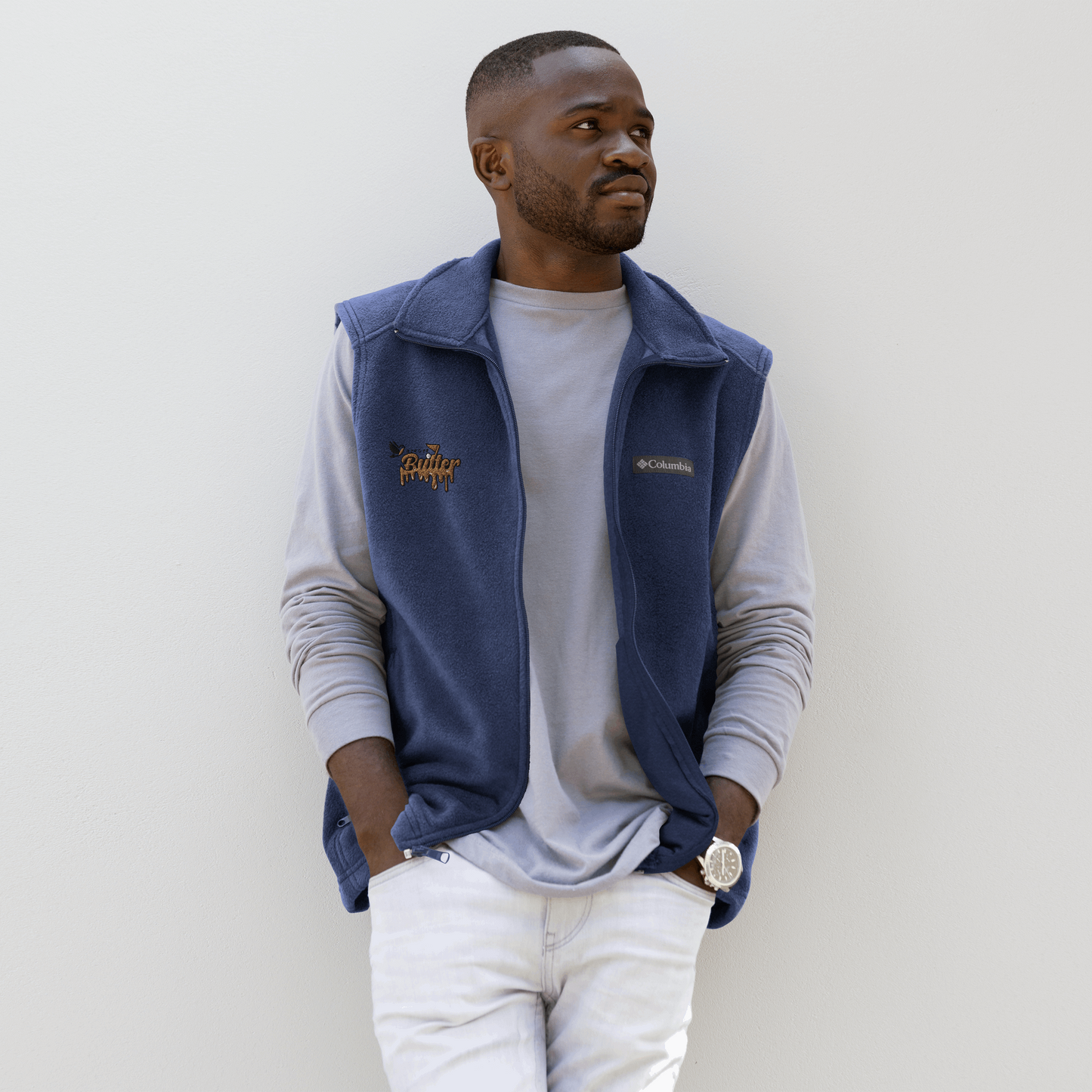 BirdieButter Men’s Columbia Fleece Vest – front view in navy, providing warmth and style for outdoor activities.
