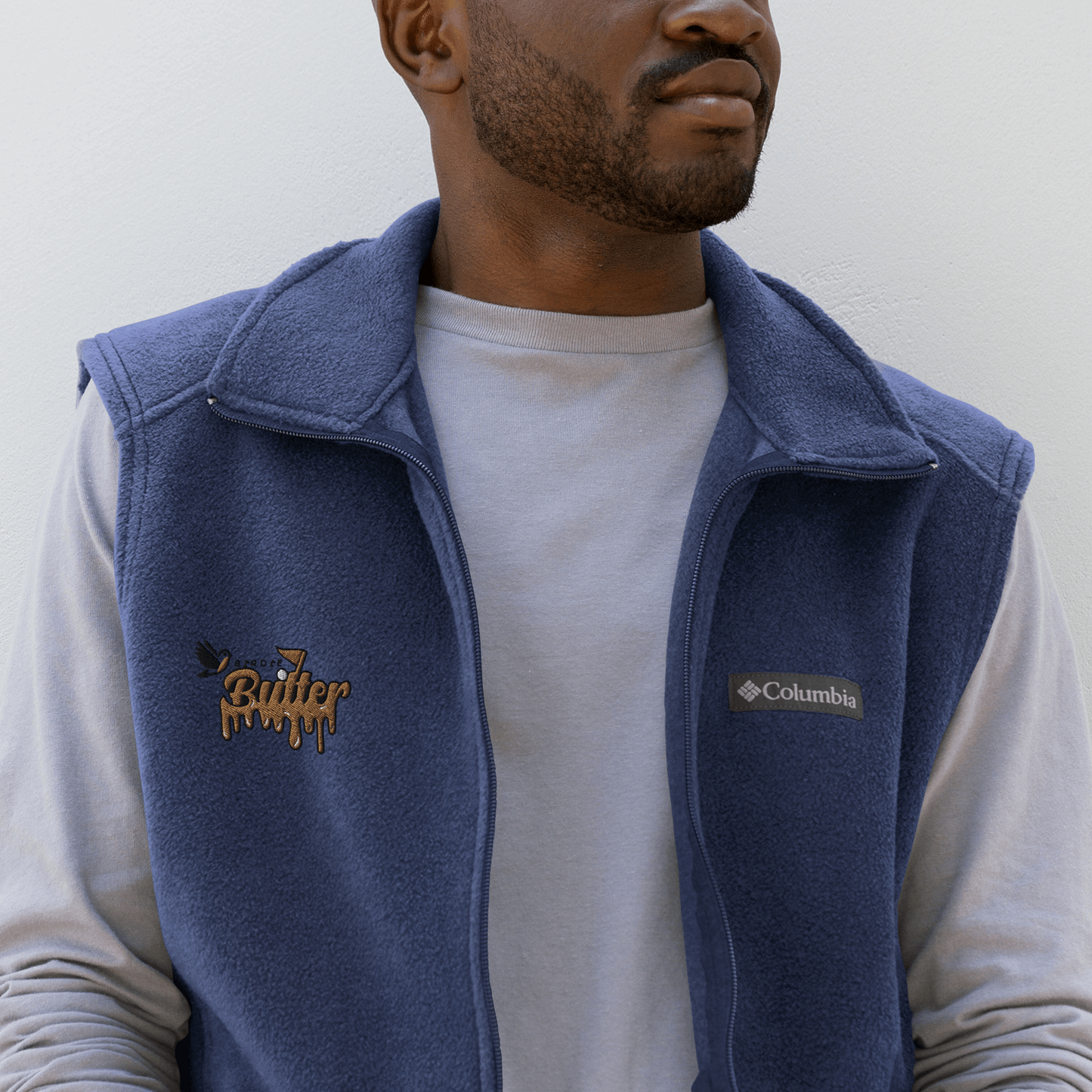 BirdieButter Men’s Columbia Fleece Vest – close-up front view in navy, highlighting the fleece material and detailed stitching.