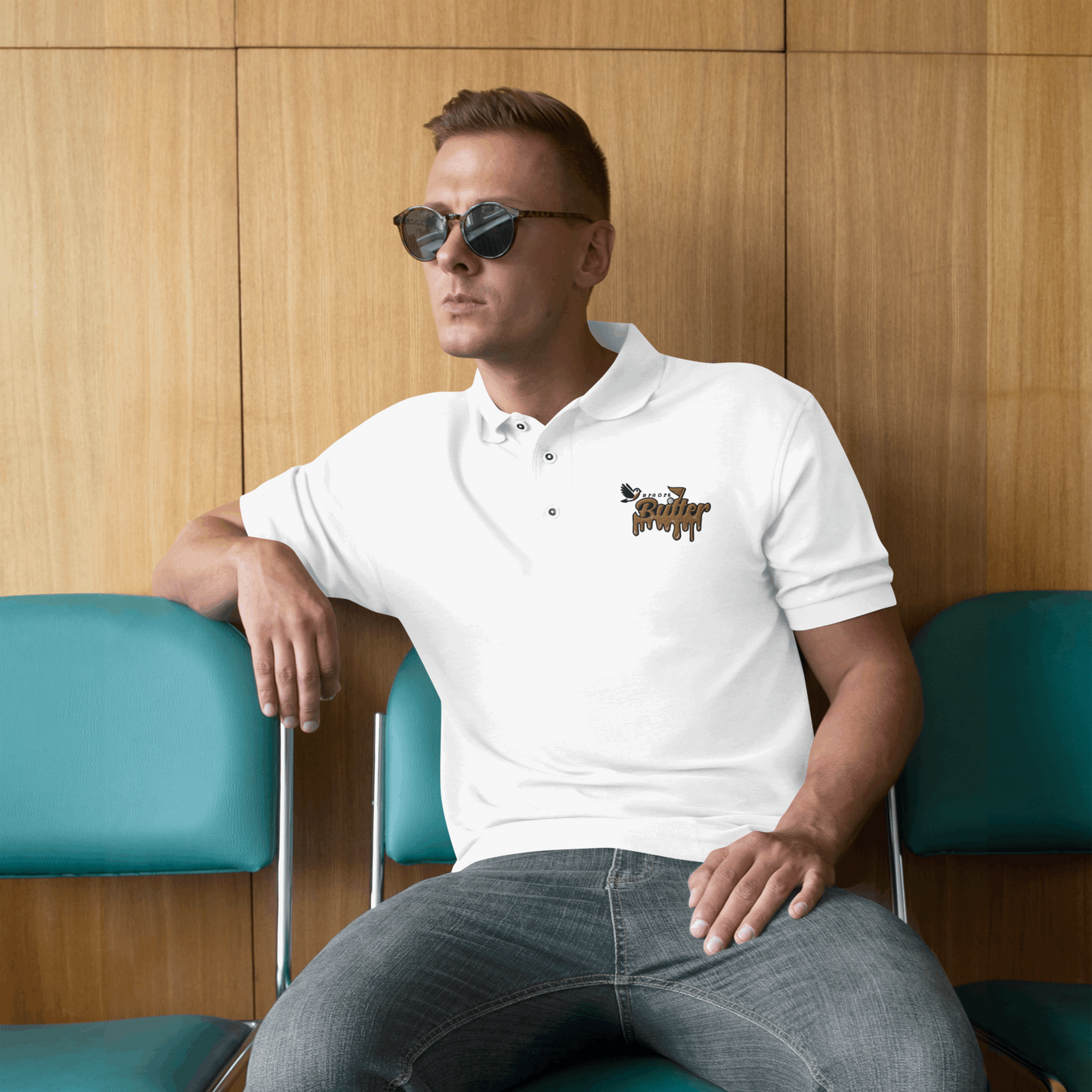 BirdieButter Men’s Premium Polo – front view in white, offering a classic and elegant look.