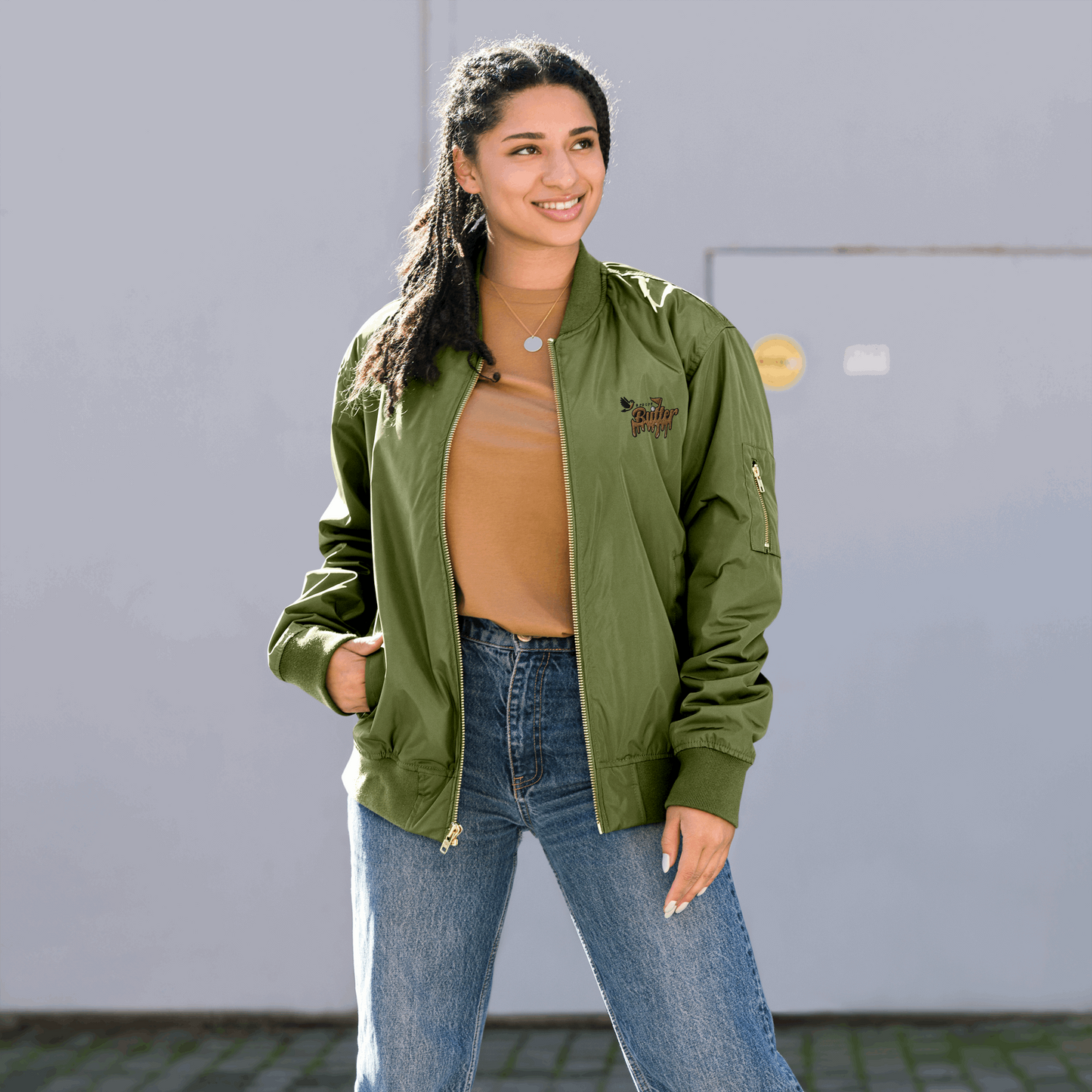 BirdieButter Premium Bomber Jacket – front view in army green, showcasing a sleek and stylish design perfect for golfers.