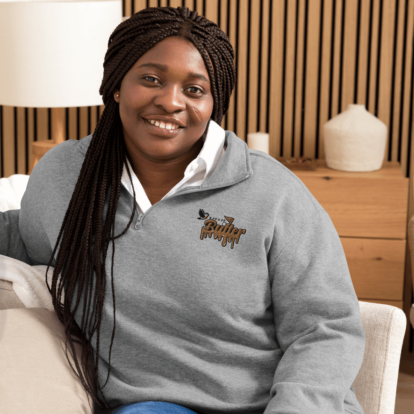 BirdieButter Women’s Fleece Quarter Zip Pullover – front view in grey, offering warmth and style for golfers.