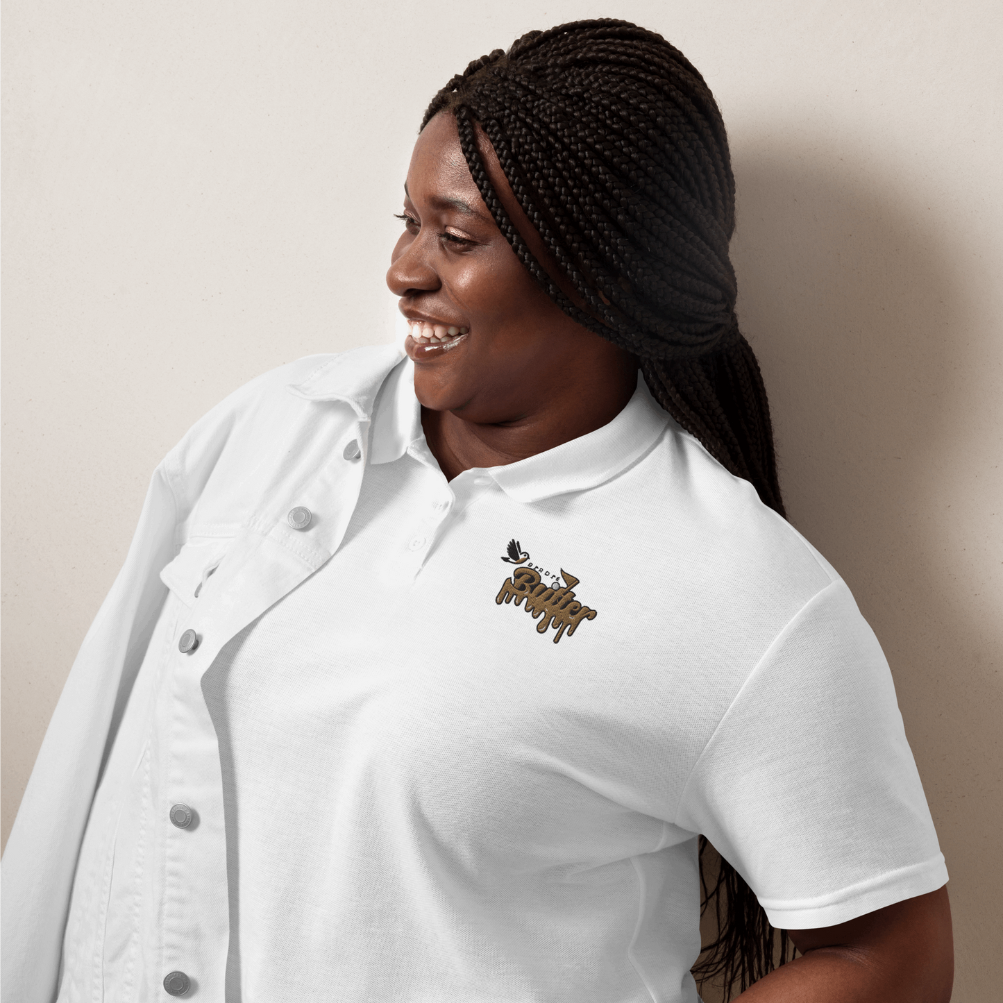 BirdieButter Women’s Pique Polo Shirt – front view in white, perfect for breathable and stylish golf wear
